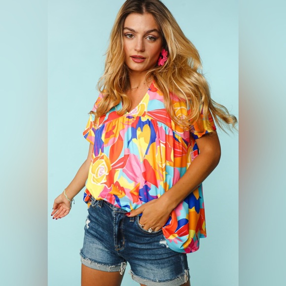Haptics Tops - Haptics Bright Colorful Dolman V-Neck Floral Blouse